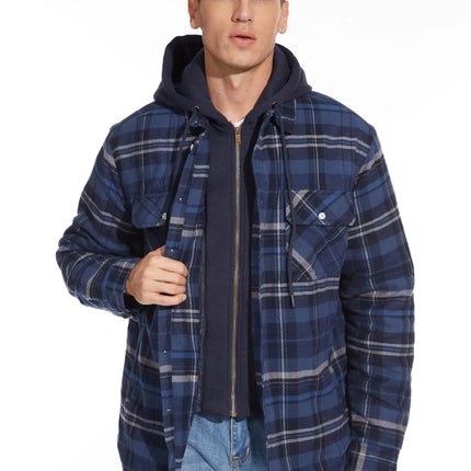 TACVASEN Men's Flannel Shirt Jacket with Removable Hood Plaid Quilted Lined Winter Coats Thick Hoodie Outwear Man Fleece Shirts