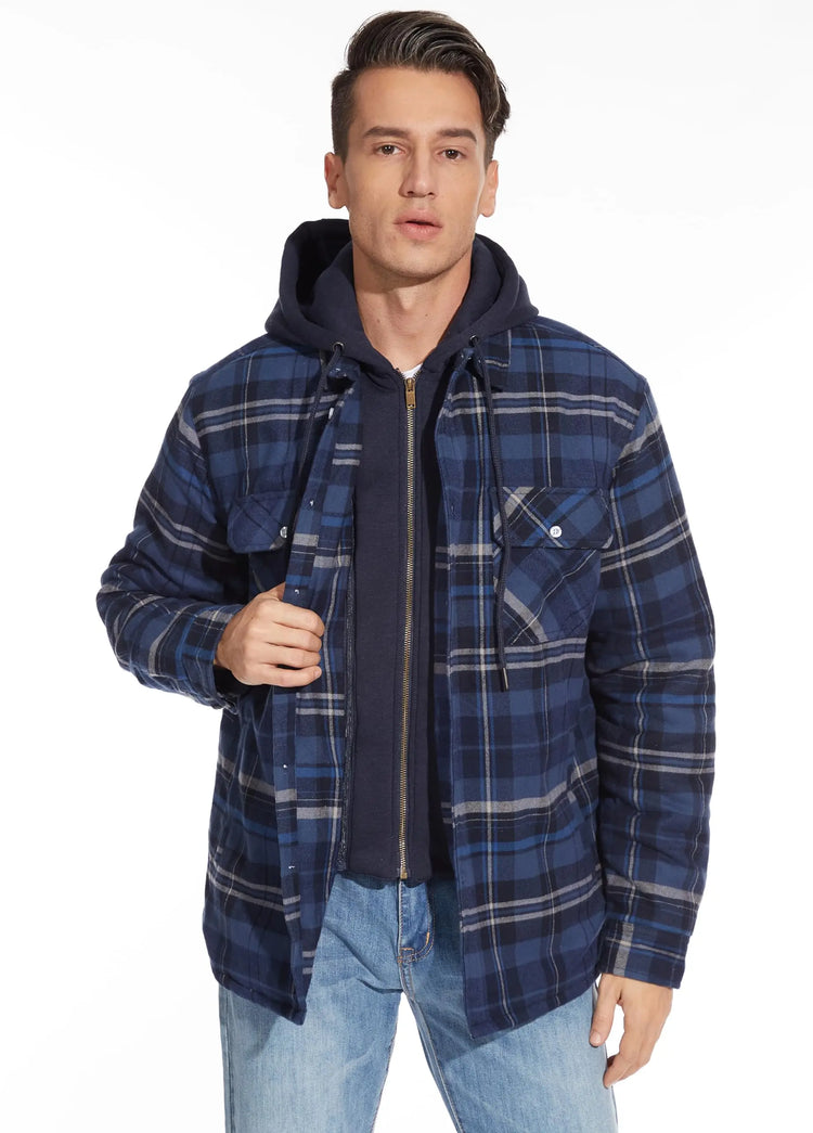 TACVASEN Men's Flannel Shirt Jacket with Removable Hood Plaid Quilted Lined Winter Coats Thick Hoodie Outwear Man Fleece Shirts