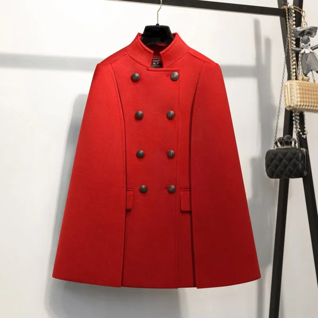 New Winter Women Double Breasted Cape Woolen Blends Elegant Ladies Coat Stand Collar Cloak Outwear Coats Vintage Overcoat