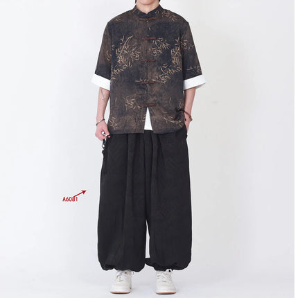 Camicie da uomo estive di lusso in jacquard con foglie di bambù, camicia a maniche corte da uomo in stile cinese tradizionale, camicia casual da uomo per Kung Fu e Tai Chi