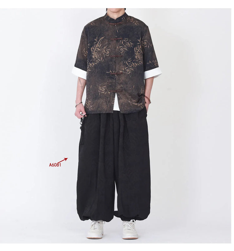 Camicie da uomo estive di lusso in jacquard con foglie di bambù, camicia a maniche corte da uomo in stile cinese tradizionale, camicia casual da uomo per Kung Fu e Tai Chi