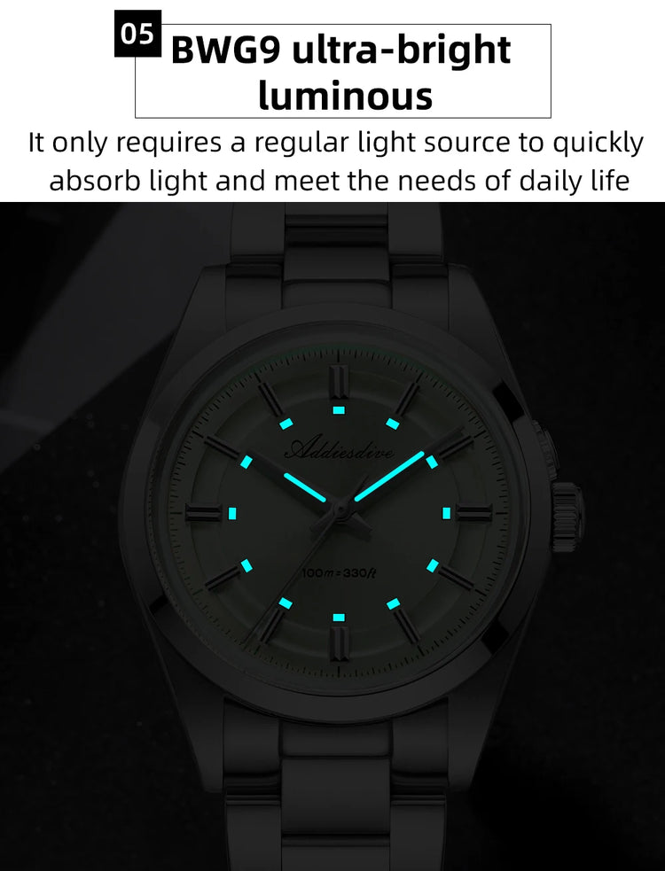 ADDIESDIVE New Men Watch Purple VH31 Quartz Wristwatch Diving 100m Waterproof BWG9 Luminous  316L Stainless Steel 36mm Watches