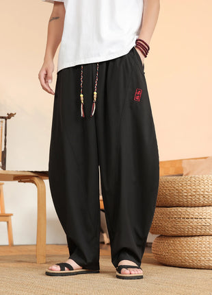 Pantaloni neri da uomo estivi leggeri e larghi in stile retrò giapponese, pantaloni harem casual traspiranti e comodi con elastico in vita