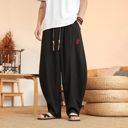 Pantaloni neri da uomo estivi leggeri e larghi in stile retrò giapponese, pantaloni harem casual traspiranti e comodi con elastico in vita
