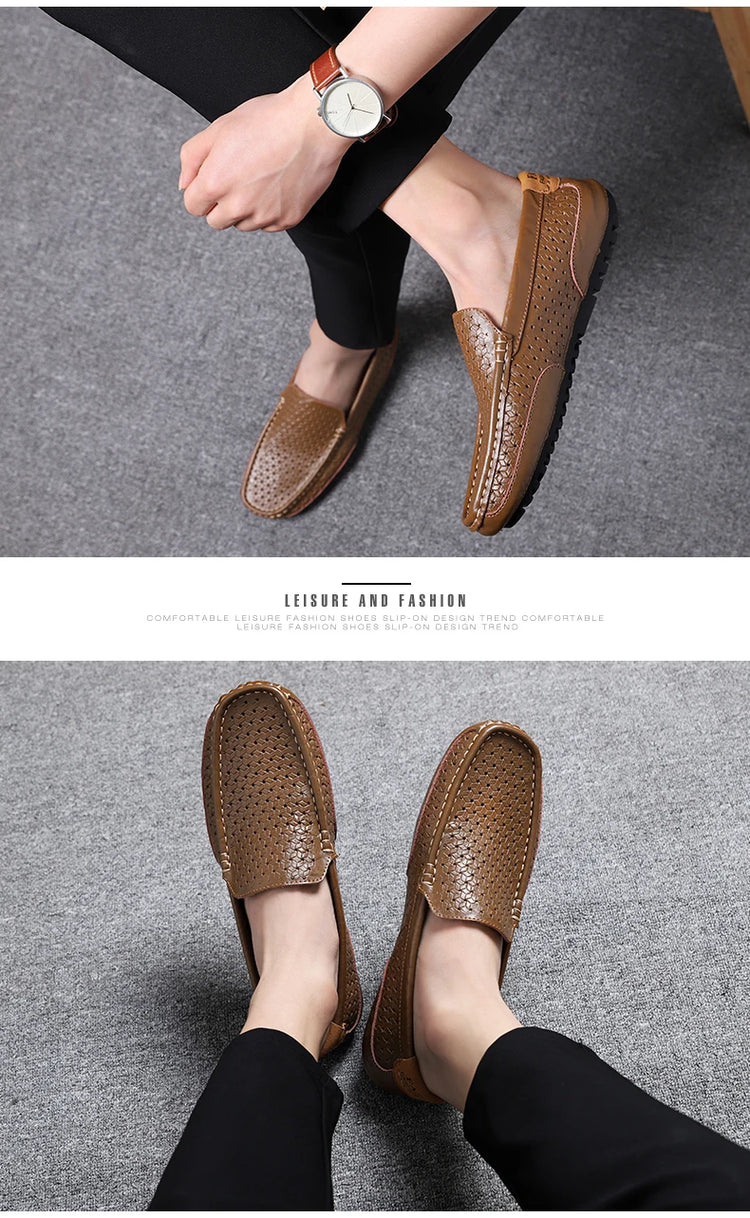 Mocassini da Uomo Estivi 2026 in Vera Pelle di Lusso, Scarpe Casual Traspiranti con Intaglio, Slip-on da Guida