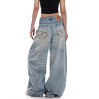 Jeans Casual Vintage Y2k con Ricami, Blu, Vita Alta, Gamba Larga, Stile Americano Retrò Anni '90