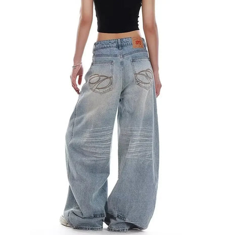 Y2K Vintage Casual Embroidered Jeans, Blue, High Waist, Wide Leg, 90s American Retro Style