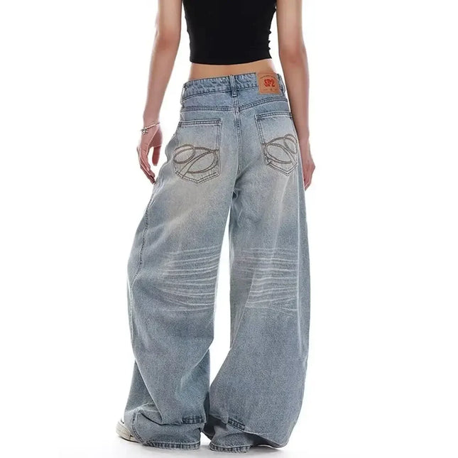 Jeans Casual Vintage Y2k con Ricami, Blu, Vita Alta, Gamba Larga, Stile Americano Retrò Anni '90