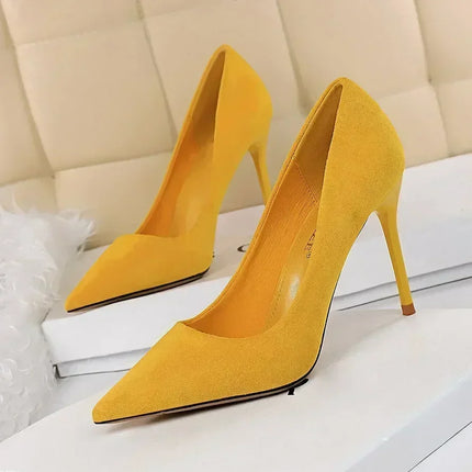 Donne 9 cm Tacchi alti Festa quotidiana Décolleté in pelle scamosciata colorata Scarpins femminili Stiletto Banchetto serale Rosso Giallo Scarpe Plus Size 34-43