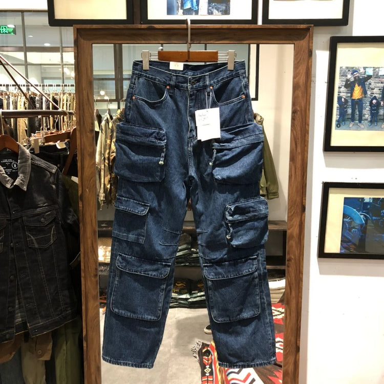 Multi Pockets Heavyweight Cotton Denim Dark Blue Men Pants American Tough Guys Male Overalls Straight Workwear Cargo Trousers