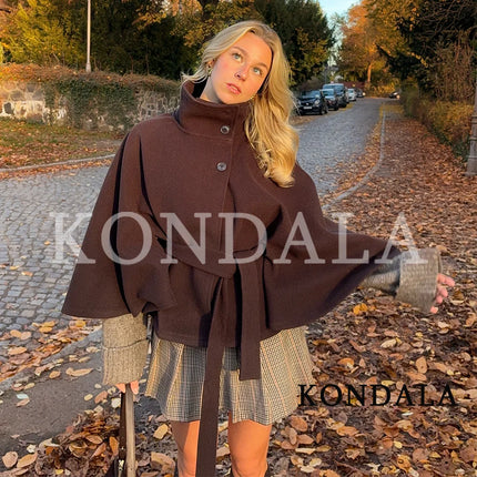 KONDALA Women Fall Casual Elegant Cloak Jacket Stand-Collar Soft Tweed Belt Jacket New 2026 Autumn Winter Trendy Cape Style Coat