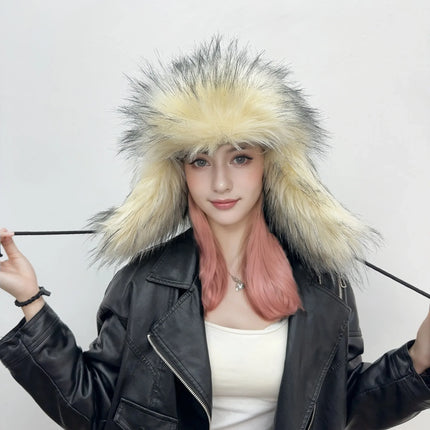 Y2K Fluffy Popular Russian Female Round Earflap Cap Faux Fur Winter Warm Hat For Women Faux Fox Raccoon Fur Beanies Bomber Gorra
