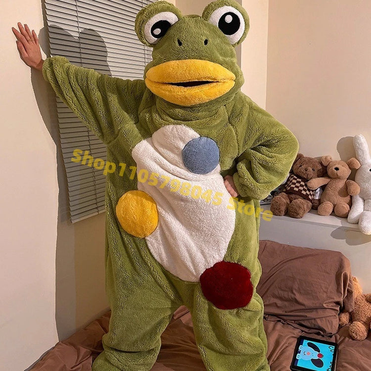 Cartoon Animal One‑Piece Pajamas Soft Coral Fleece Plush Jumpsuit Warm Loungewear For Home Sleepwear Theme Party Costume