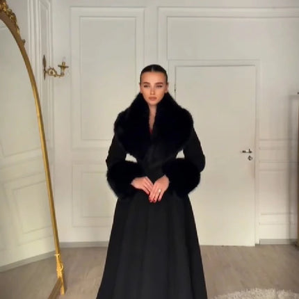 Women Elegant Long Wool Blend Coat Faux Fur Big Collar Cuff Cinched Waist Flare A‑line Maxi Coat Retro Party Outerwear Overcoat