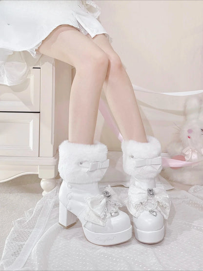 Original Japanese Sweet Cute Style Versatile Bow High Heel Boots Autumn Winter Mass-Produced Rhinestones Fur Short Boots