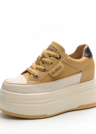 Fujin 9cm 3 inch comfortable platform sneakers for women Genuine Leather Women Vulcanized Shoes Platform High Heels Casual Shoes PlatiNum
