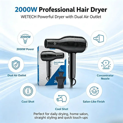 WETECH 2000W Professional Hair Dryer Salon High Power Blow Dryer With Concentrator Nozzle Cool Shot Function Fast Drying Household Hair Styling Tool