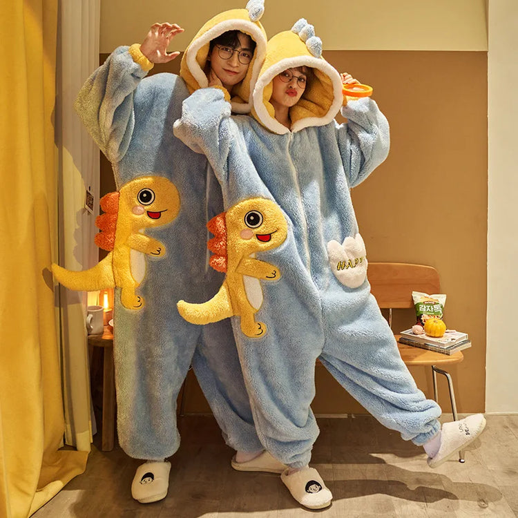 Winter Animal Onesies for Adults Homewear Flannel Sleepwear Couples Jumpsuit Winter Coral Velvet Pajamas Women Mens Loungewear