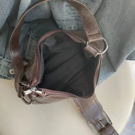 Y2K Vintage Distressed Leather Women Bag Shoulder Bag Maillard Style Underarm Purse Two Tone Crossbody Bag for Women PlatiNum