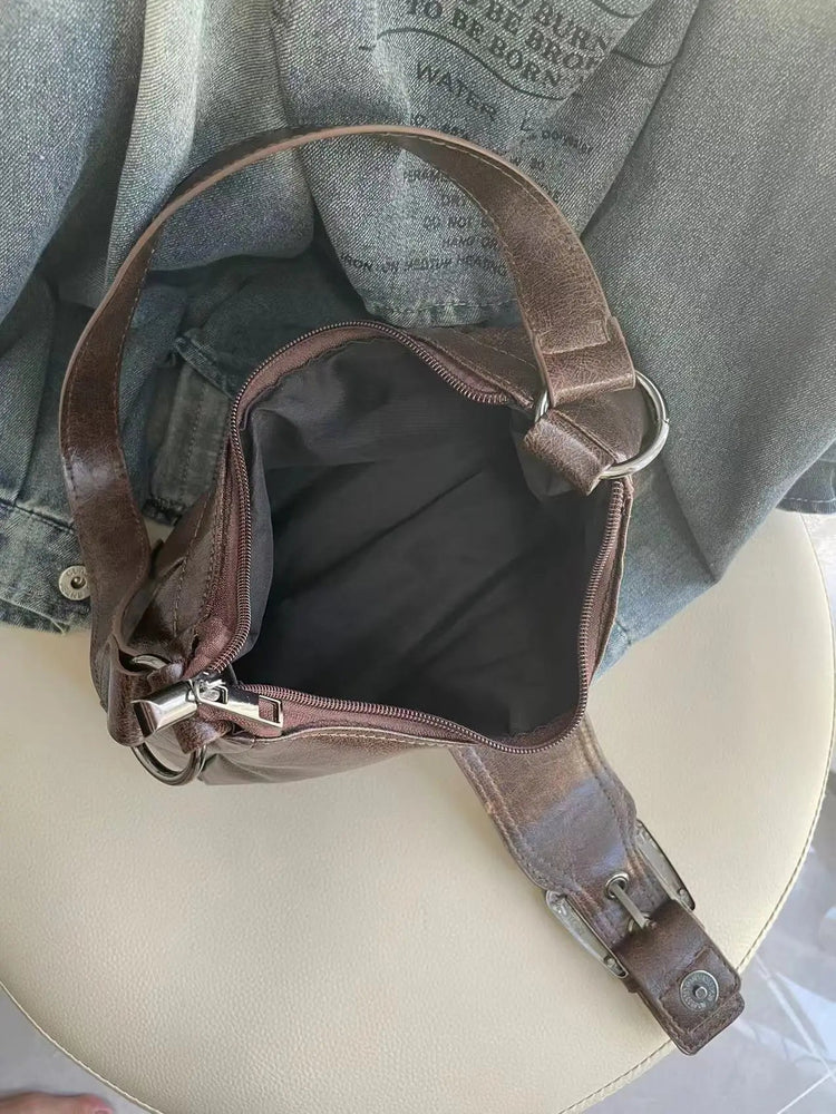 Y2K Vintage Distressed Leather Women Bag Shoulder Bag Maillard Style Underarm Purse Two Tone Crossbody Bag for Women PlatiNum