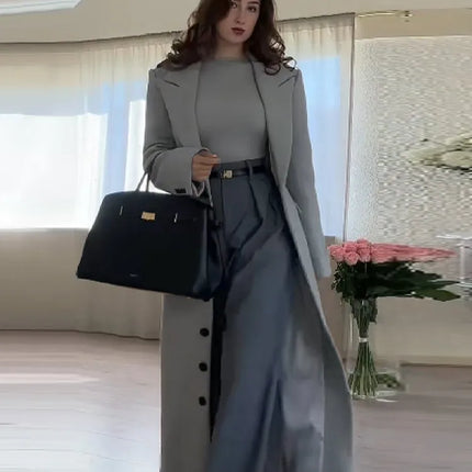 Women's Long Coat Slim V Neck Single Breasted Overcoats Shoulder Pad Maxi Jackets with Belt 2025 New Winter Lady Commute Outwear