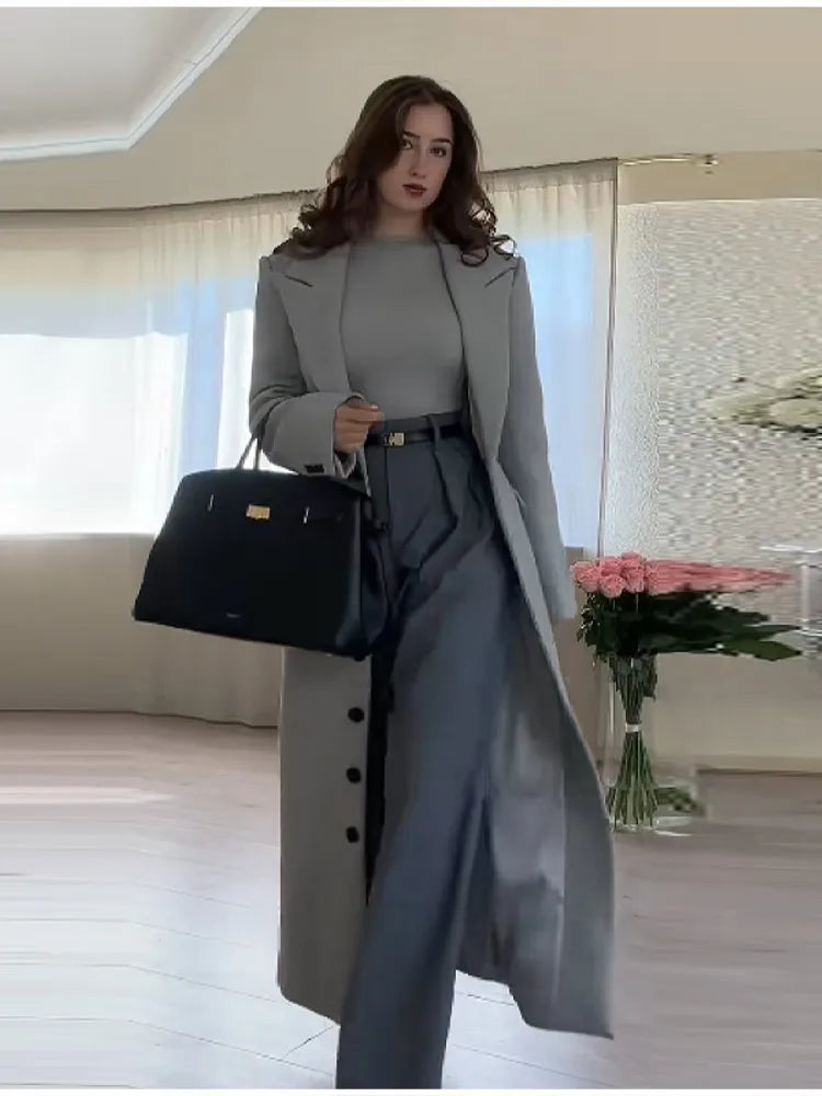 Women's Long Coat Slim V Neck Single Breasted Overcoats Shoulder Pad Maxi Jackets with Belt 2025 New Winter Lady Commute Outwear
