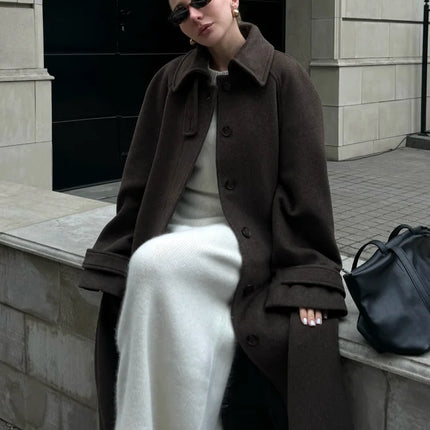 Women's Long Woolen Overcoats Stand Collar Single Breasted Lace Up Oversized Coat Autumn Winter Female Loose New Chic Outerwears