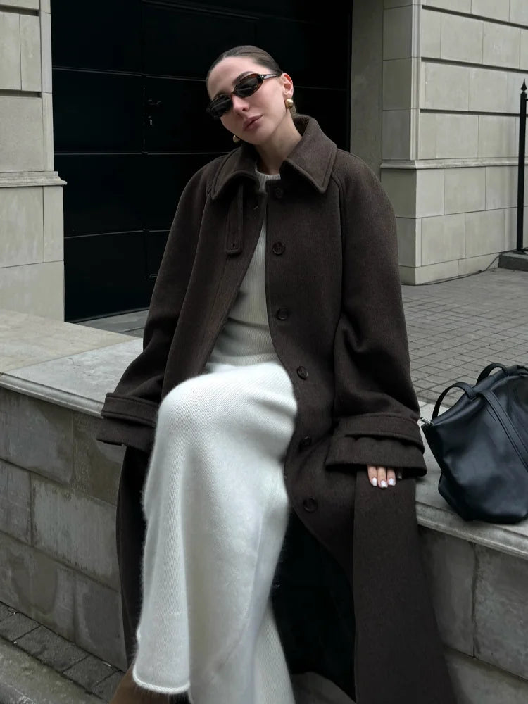 Women's Long Woolen Overcoats Stand Collar Single Breasted Lace Up Oversized Coat Autumn Winter Female Loose New Chic Outerwears