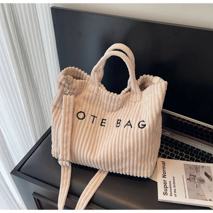 Large Capacity Striped Velvet Handbag Shoulder Bag for Woman Handbags Crossbody Bags, Versatile Letter Corduroy Women's Tote Bag PlatiNum