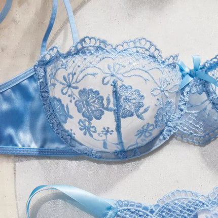 Lady Floral Embroidery Lingerie Set Women Sheer Bra and Brief Underwear Set Satin Sexy Intimates Underwear
