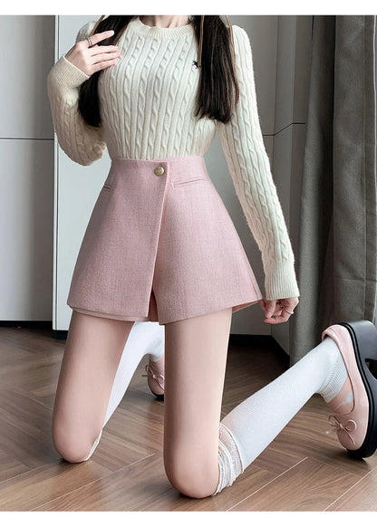 Autumn New Solid Woolen Shorts Skirt For Women 2025 New Fall Winter Small Fragrant Style Buttons Deco High Waisted Tweed Shorts