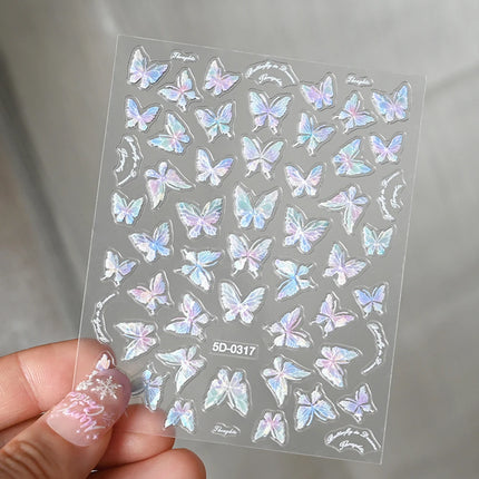5D Hibiscus Flower Nail Embossed Sticker Acrylic Pink White Gold Petal Leaf Adhesive Decal Butterfly Dragon Floral Elegant Decor