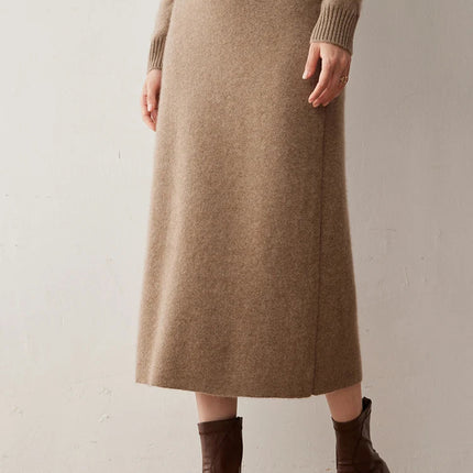 Women's 100% Cashmere Skirts Office Lady Autumn Winter Basic Fit Knitted High Waist Straight Skirt Graceful Long Warm Soft Dress PlatiNum