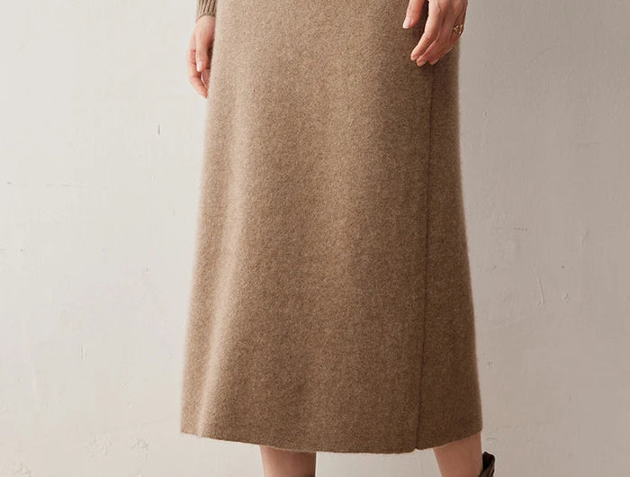 Women's 100% Cashmere Skirts Office Lady Autumn Winter Basic Fit Knitted High Waist Straight Skirt Graceful Long Warm Soft Dress PlatiNum