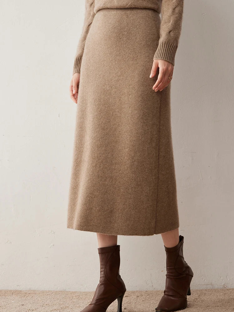Women's 100% Cashmere Skirts Office Lady Autumn Winter Basic Fit Knitted High Waist Straight Skirt Graceful Long Warm Soft Dress PlatiNum