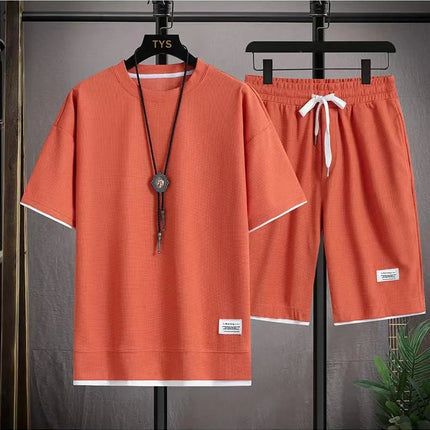 2026 nuovi set di waffle da uomo estivi T-shirt e pantaloncini casual Set tuta sportiva maschile tuta tinta unita abiti larghi platinumshop