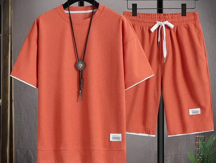 Waffle manica corta e pantaloncini estivi da uomo in due pezzi tuta sportiva Casual da uomo comodi pantaloncini freschi Set oversize platinumshop