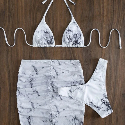 3 pezzi perizoma Bikini con gonna marmo texture costume da bagno donna costume da bagno Set costumi da bagno femminili abbigliamento da spiaggia nuoto estate platinumshop
