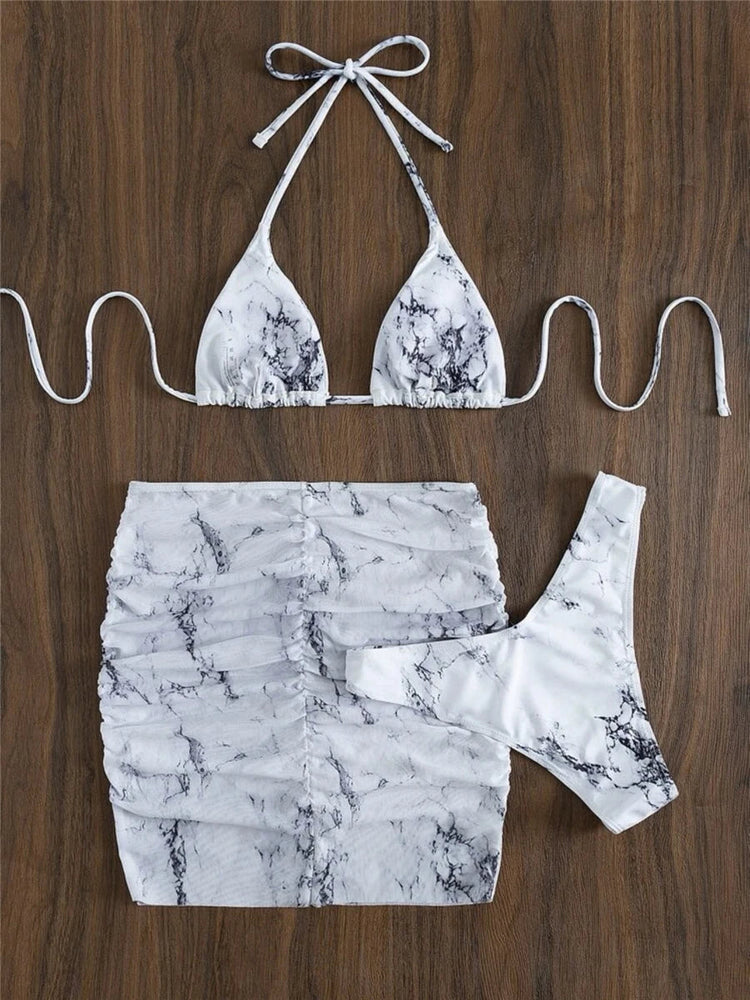 3 pezzi perizoma Bikini con gonna marmo texture costume da bagno donna costume da bagno Set costumi da bagno femminili abbigliamento da spiaggia nuoto estate platinumshop