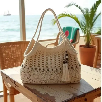 Women Crochet Tote Bag White Openwork Knit Handbag with Beaded Fringe Charm Long Adjustable Straps Boho Beach Bag