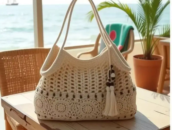 Women Crochet Tote Bag White Openwork Knit Handbag with Beaded Fringe Charm Long Adjustable Straps Boho Beach Bag