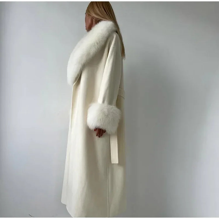 Retro Black Fur Patchwork Woolen Coat Women Chic Full Sleeve V-neck Lace Up Loose Long Overcoat 2025 Lady Winter Commute Outwear