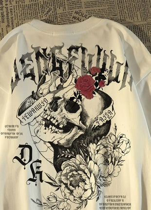 2025 Nuova T-shirt con stampa teschio retrò americano in puro cotone con girocollo e top estivi euro
