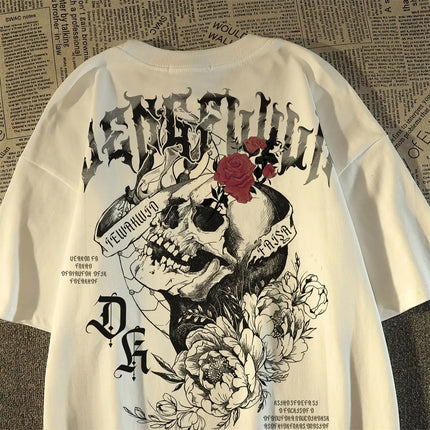 2025 New American Retro Skull Print Pure Cotton Crew Neck Short Sleeve Women's European and American Summer Top T-shirt