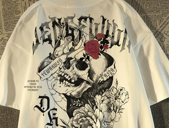 2025 New American Retro Skull Print Pure Cotton Crew Neck Short Sleeve Women's European and American Summer Top T-shirt