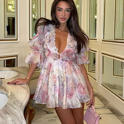 Elegant Mini Dress with Ruffles and Floral Patterns, Chic with Long Sleeves, Deep V-Neck, Slim Fit, A-Line, Short, 2026 Collection, Holiday and Street Dress for Women