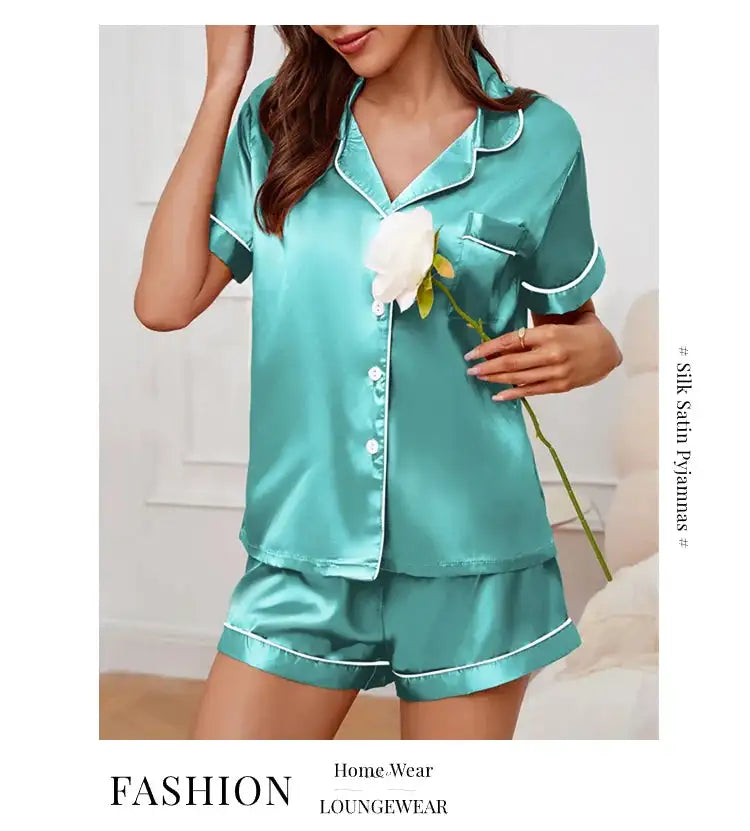 Pigiama da donna in raso di seta estivo Set Top e pantaloncini abbottonati 2 pezzi indumenti da notte colletto dentellato indumenti da notte Loungewear per le donne platinumshop