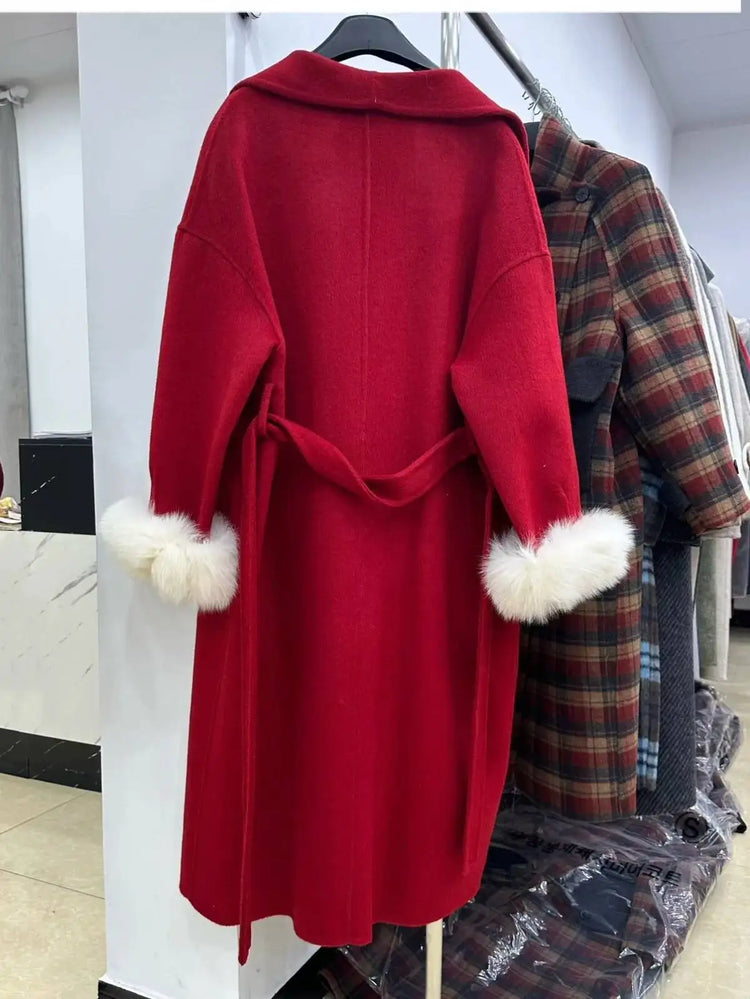 BJTZ Fox Fur Classic Long Double-Sided Pure Wool Coat For Women 2025 New Autumn Winter High-End Woolen Jacket