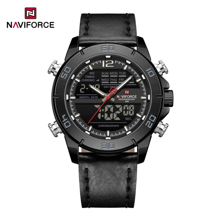 NAVIFORCE Orologio alla moda da uomo con cinturino in vera pelle Movimento al quarzo resistente all'acqua 30M Display luminoso con giorno e data F platinumshop