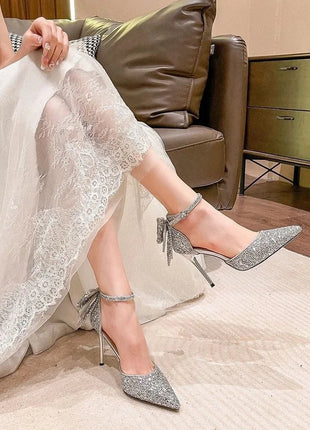 Shoes for Woman 2025 Silver Women's heeled Summer Footwear Wedding Bride Shoe Rhinestone Pointed Toe Super High Heel Diamond PlatiNum